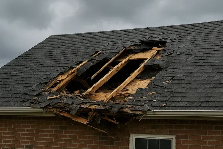 Storm damaged shingle roof needing repair.
